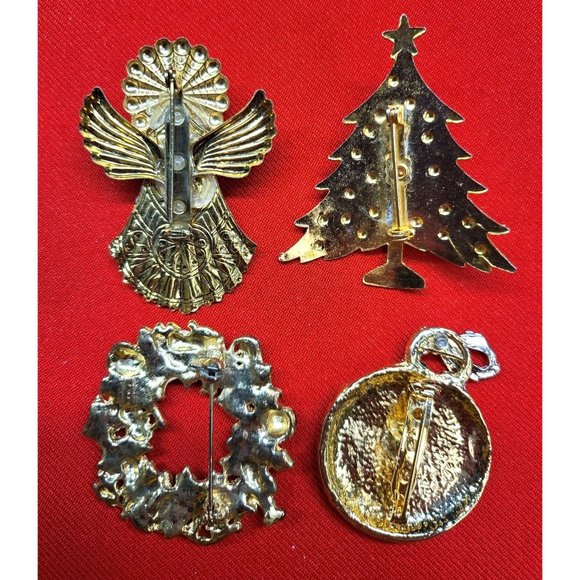 Christmas Pins Brooches Set of 4 Christmas Tree Angel Pearl Wreath Ornament - Picture 5 of 12
